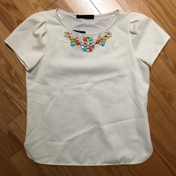 NWT ZARA BASIC Cream Embellished Top (Size L) - Picture 1 of 5